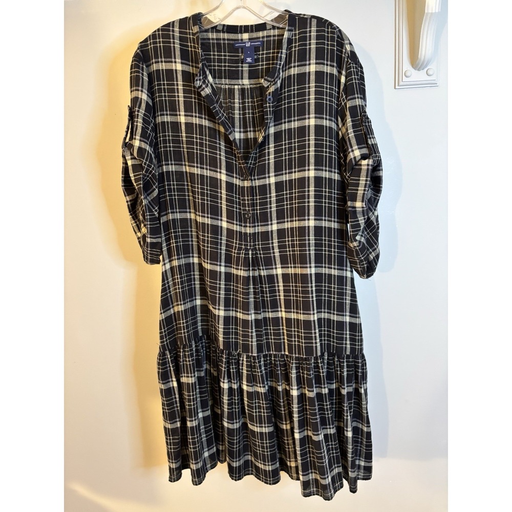 GAP Black & Beige Plaid Drop Waist Shirt Dress Wool Cotton L Preppy
